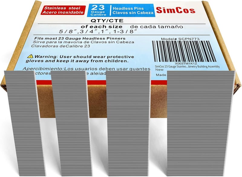 SimCos 23 Gauge Stainless Steel Pinner Nails (5/8",3/4",1",1-3/8") Assorted 4 Sizes' Headless Pin Nails for 23 GA Pneumatic or Electric Pin Nailer or pin Nail Gun,Project Pack (16000) - Image 1